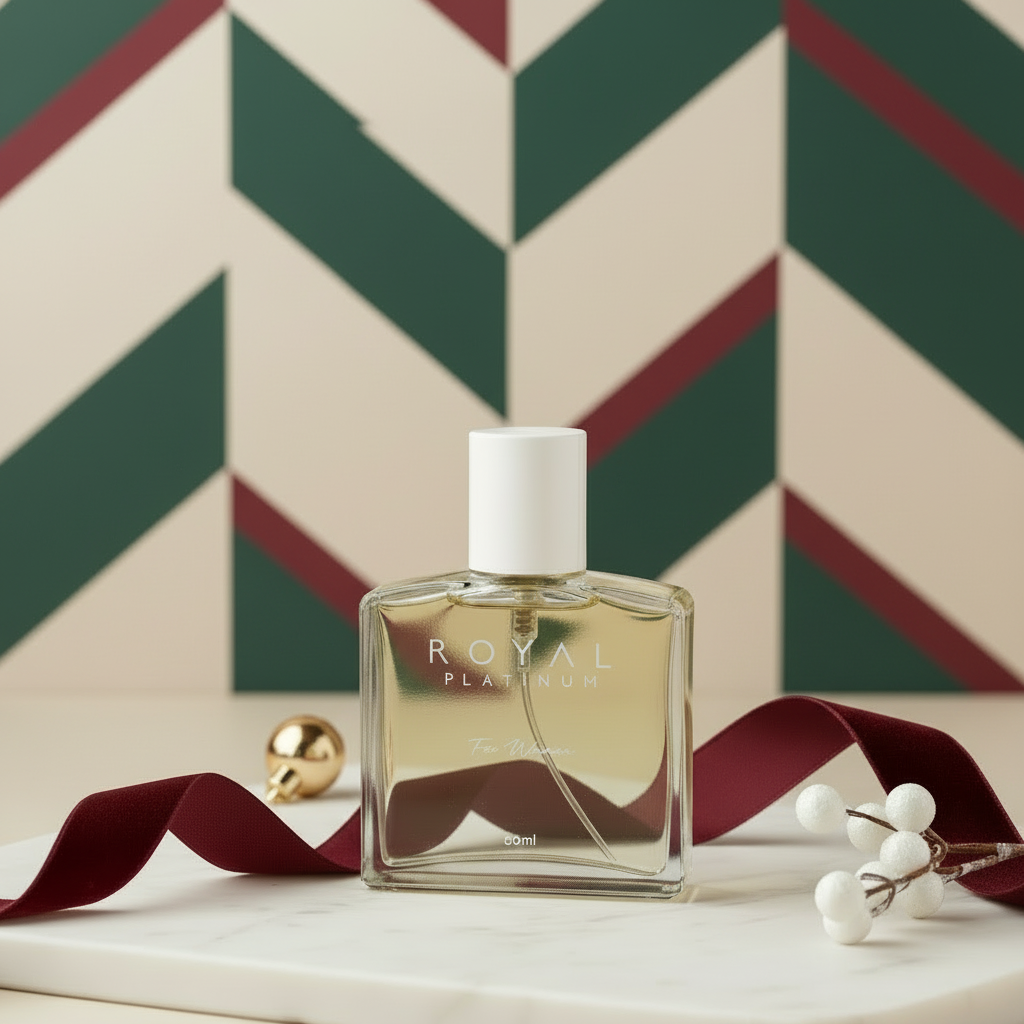 A bottle of 'ROYAL PLATINUM' perfume with a white label and cap, on a white background.